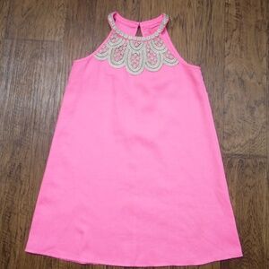 Lilly Pulitzer Gold Embroidery Crewneck on Hot Pink Sleeveless Dress